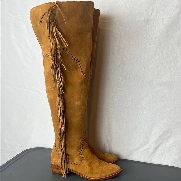 Frye Ray Fringe Over the Knee Tall Suede Grommet Pointed Toe Boots Tan 6.5 - Picture 2 of 13